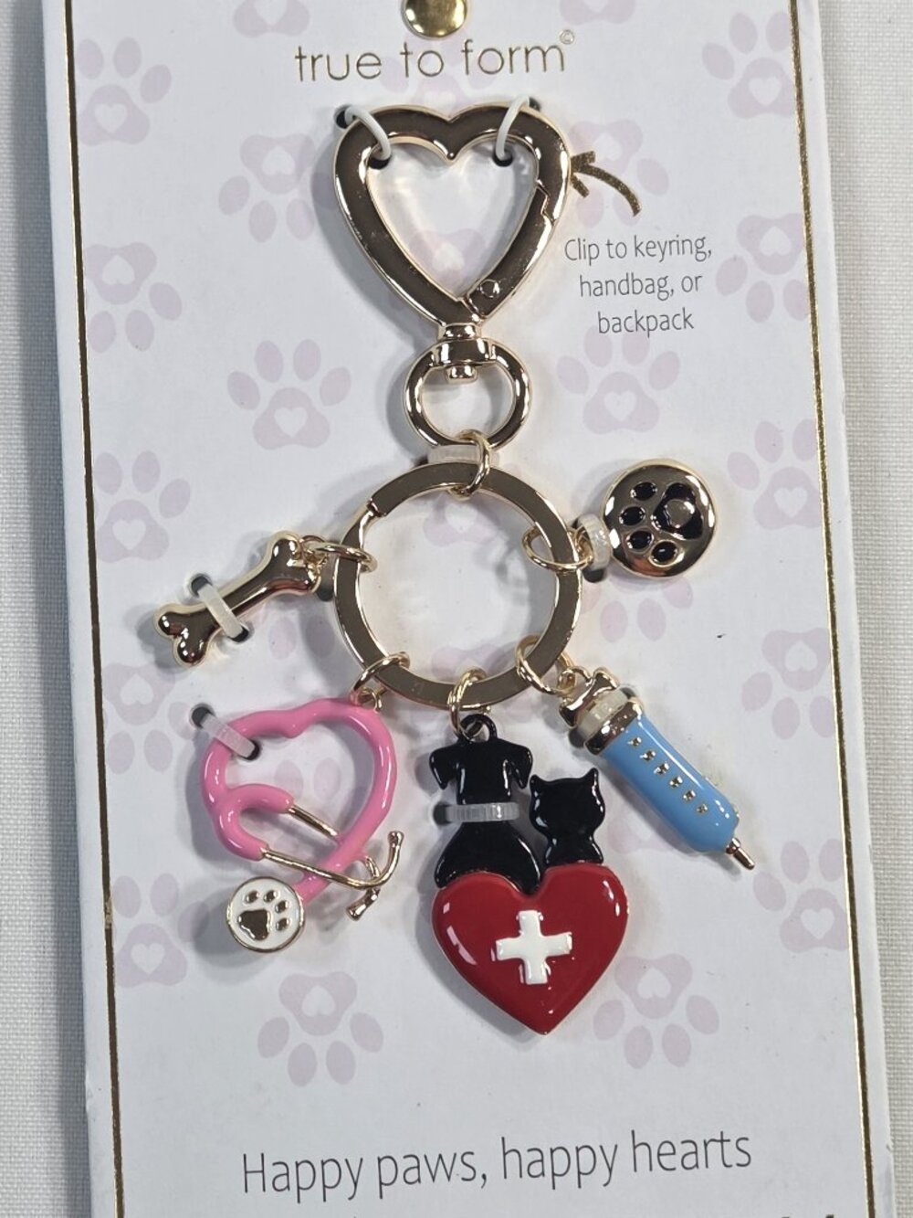 NWT True to Form Vet Bag Charm Keychain Gold Pet Medical Stethoscope Heart New